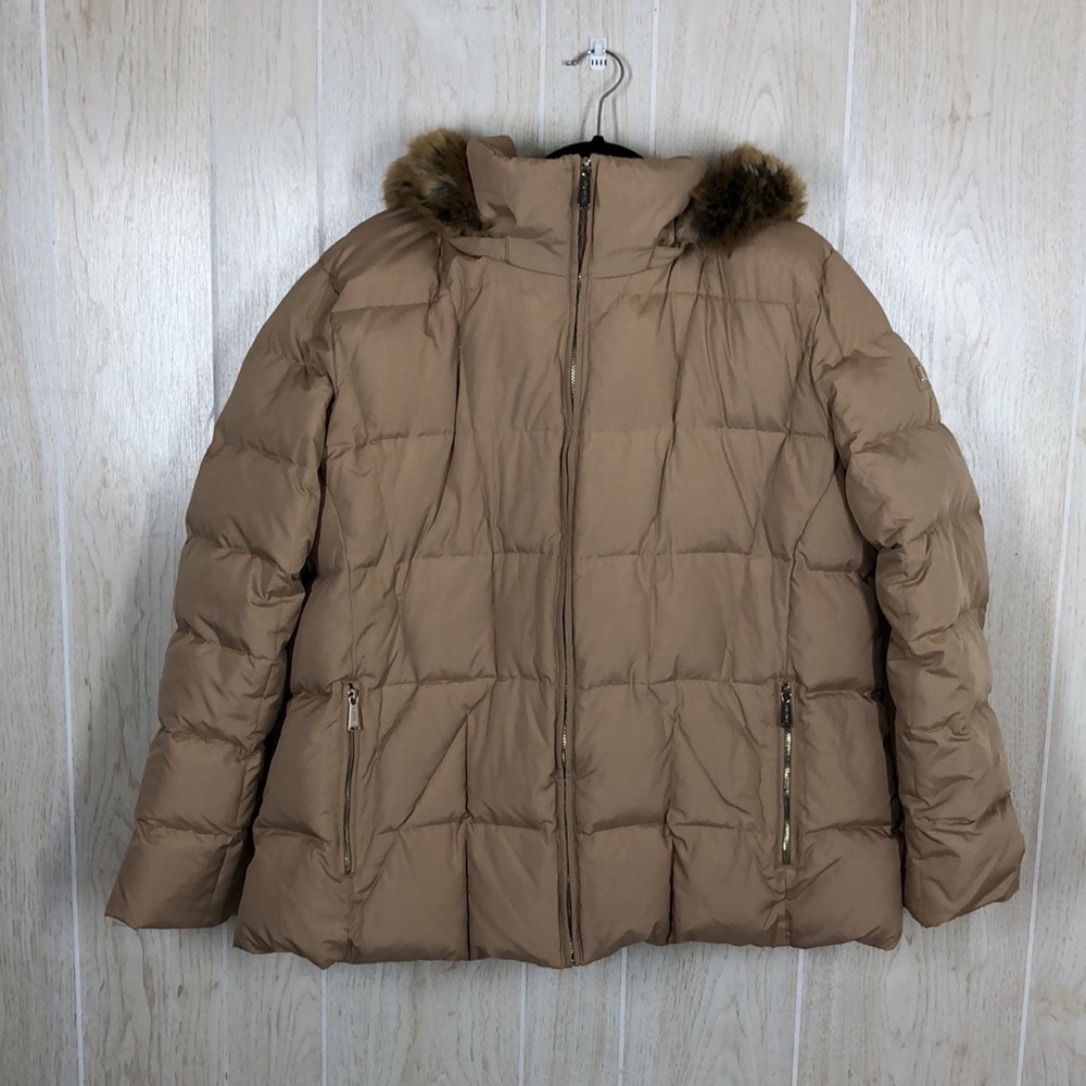 Calvin Klein Tan Down Puffer Faux Fur Hooded Jacket - Picture 2 of 11